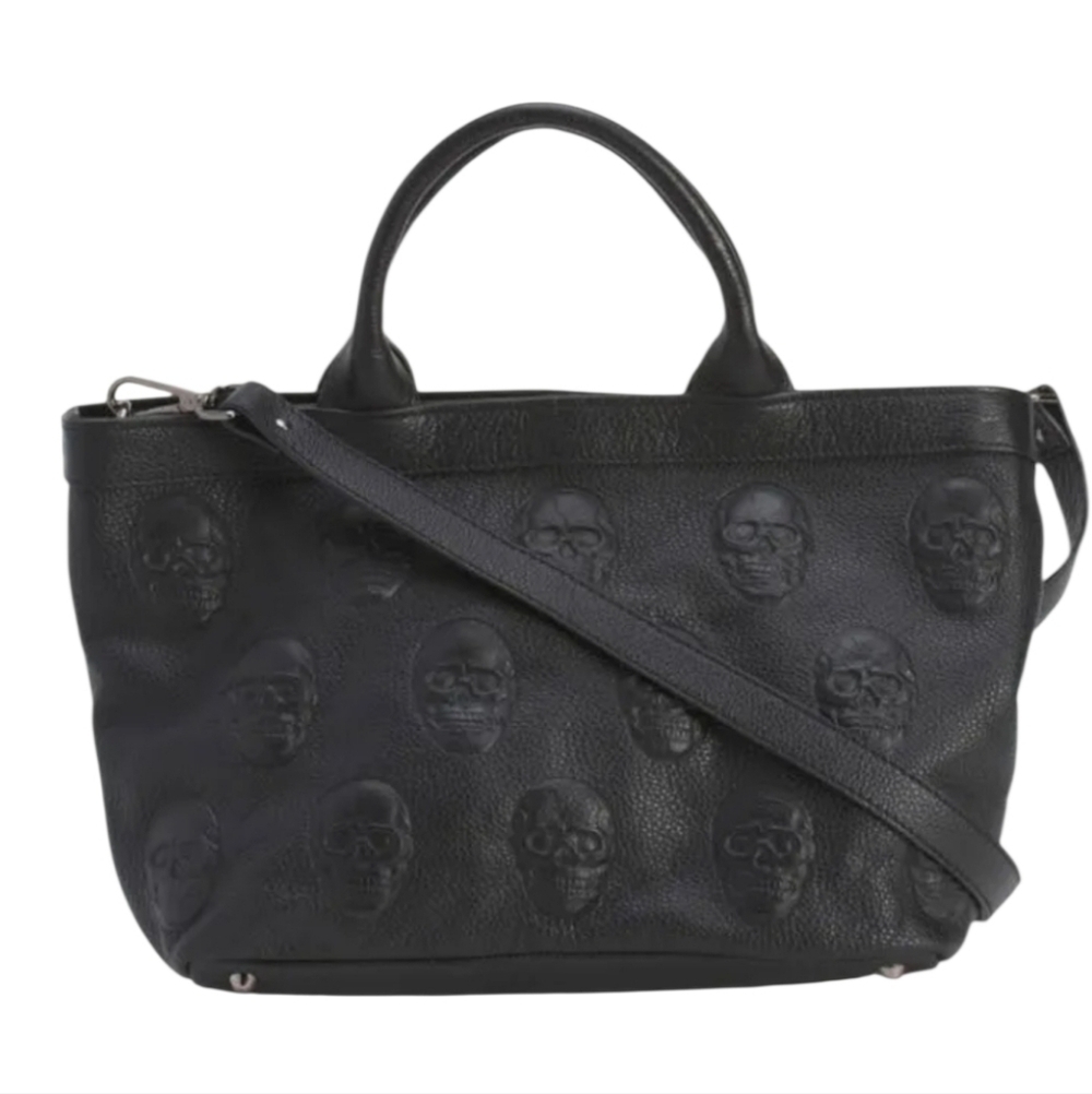 Black 100% Leather Skull Embossed Tote Made In Italy - Picture 3 of 16